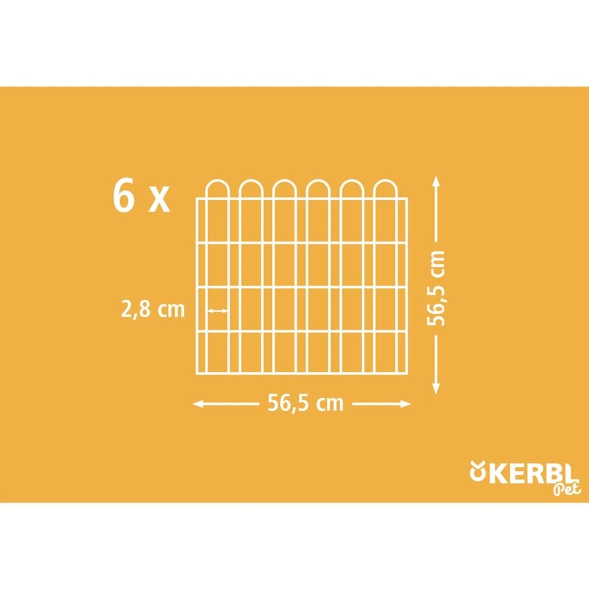 Maßdiagramm einer Drahtzaunplatte. Die Platte ist 56,5 cm breit und hoch, mit einem Abstand von 2,8 cm.