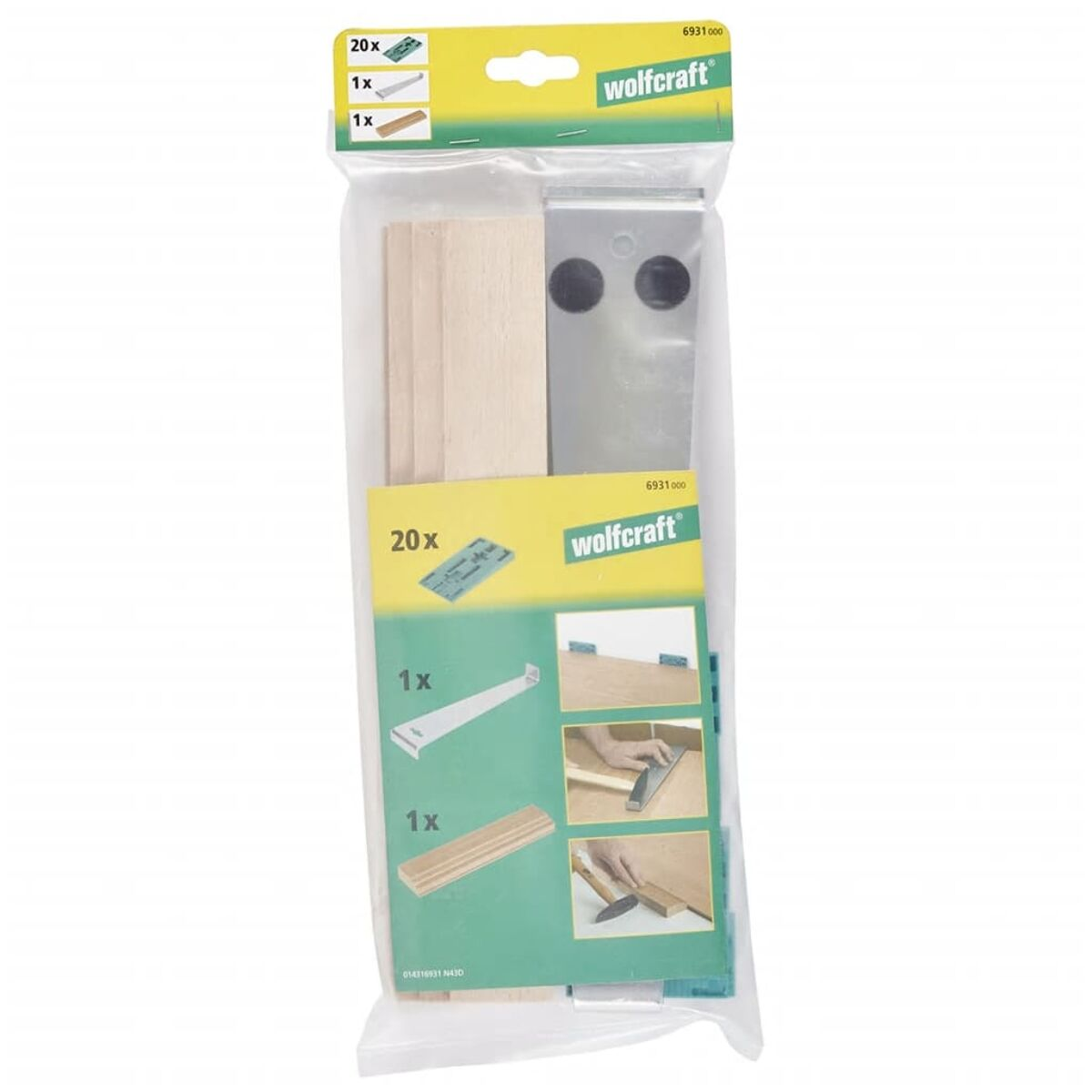 Eine Plastiktüte mit verschiedenen Holzstücken und einer Bedienungsanleitung.