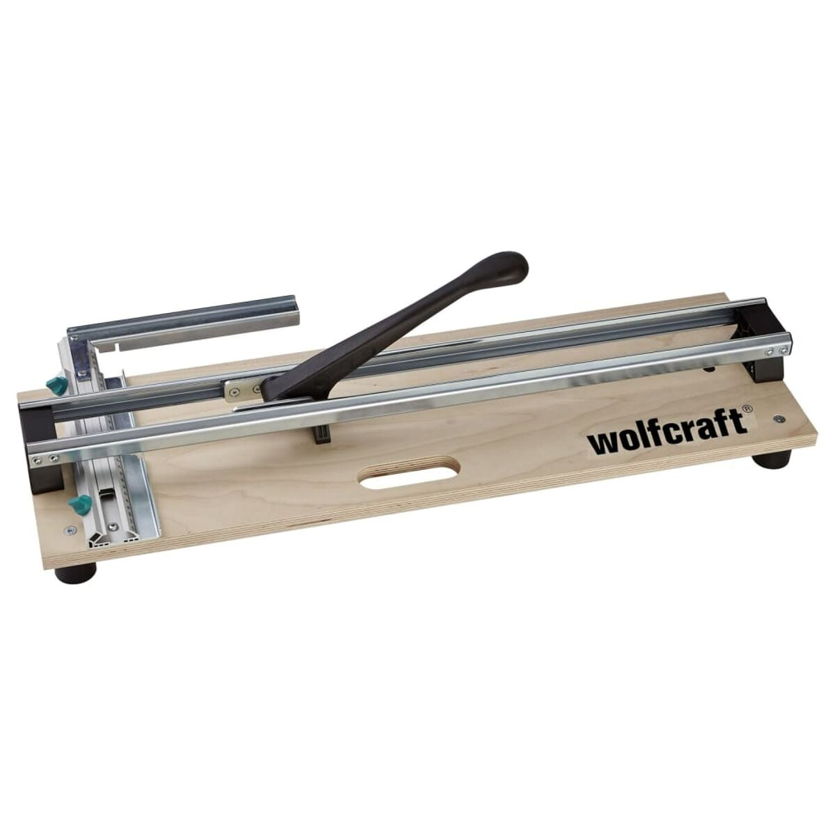 Taglia piastrelle con base in legno e manico nero.