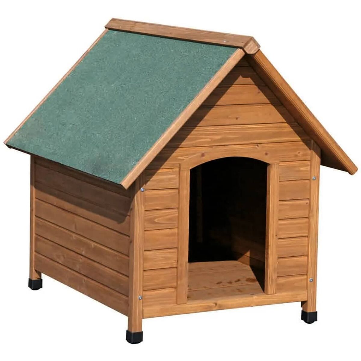 Cuccia in legno con tetto verde. Ha un ingresso e poggia su zampe.