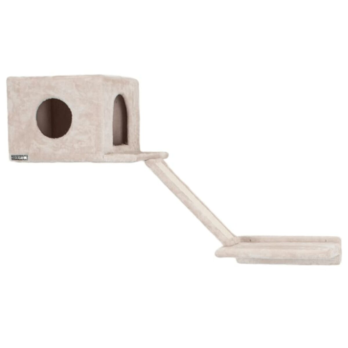 Beiges Katzenbaum mit mehreren Ebenen, einem Haus, einer Rampe und einer Plattform.