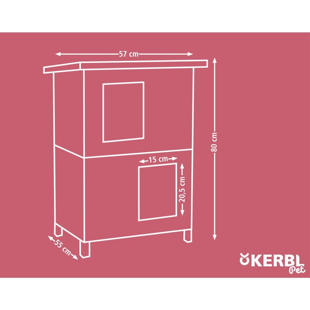 Diagramm eines Tierhauses, einschließlich Maße in Zentimetern.