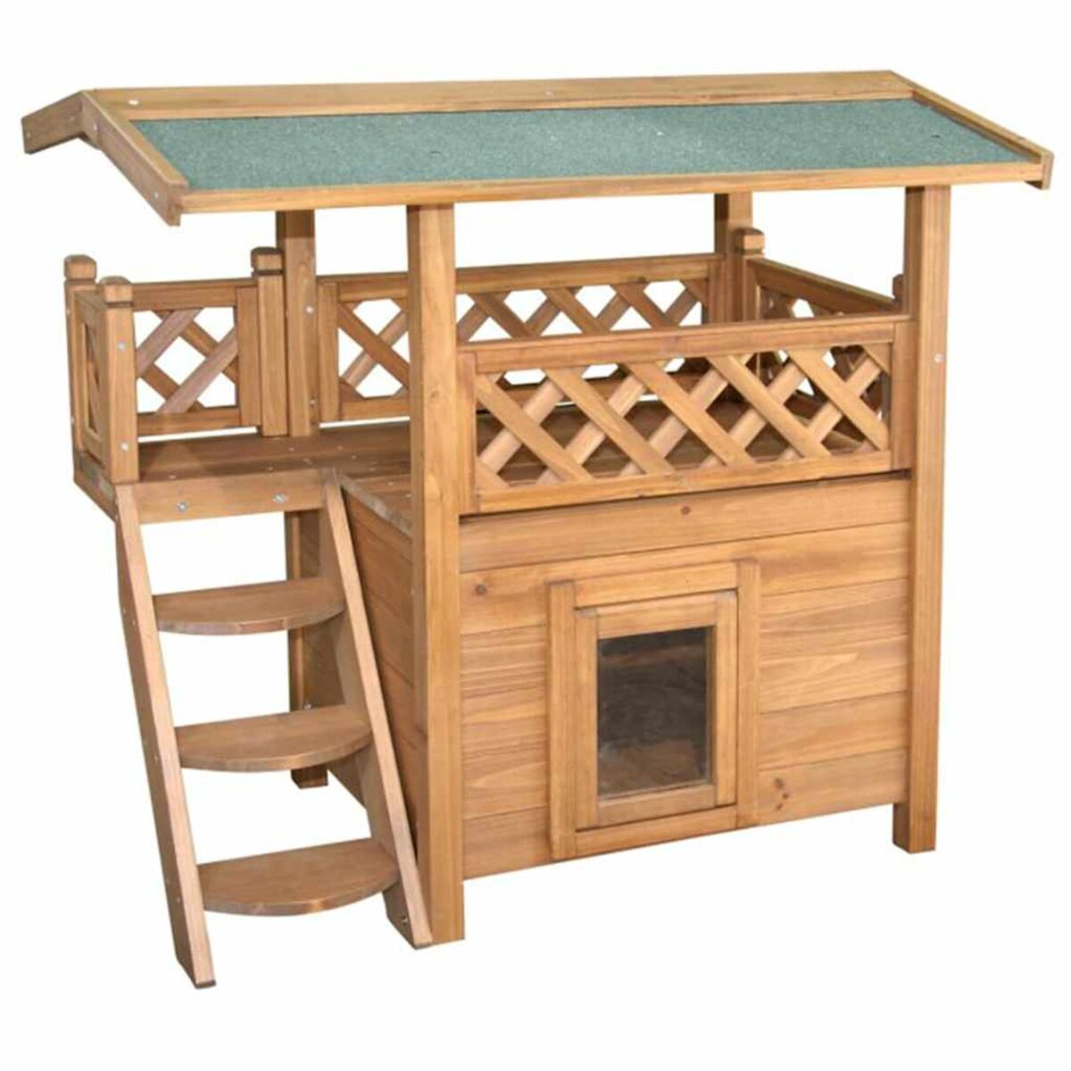 Una cuccia in legno con un piccolo portico e un tetto. Ha scale ed elementi decorativi.
