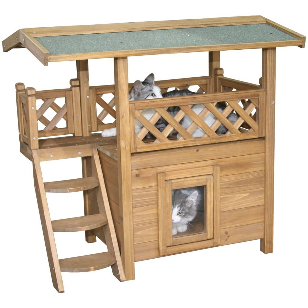 Casa per gatti in legno con due gatti. Dispone di una rampa, un balcone e una piccola finestra.