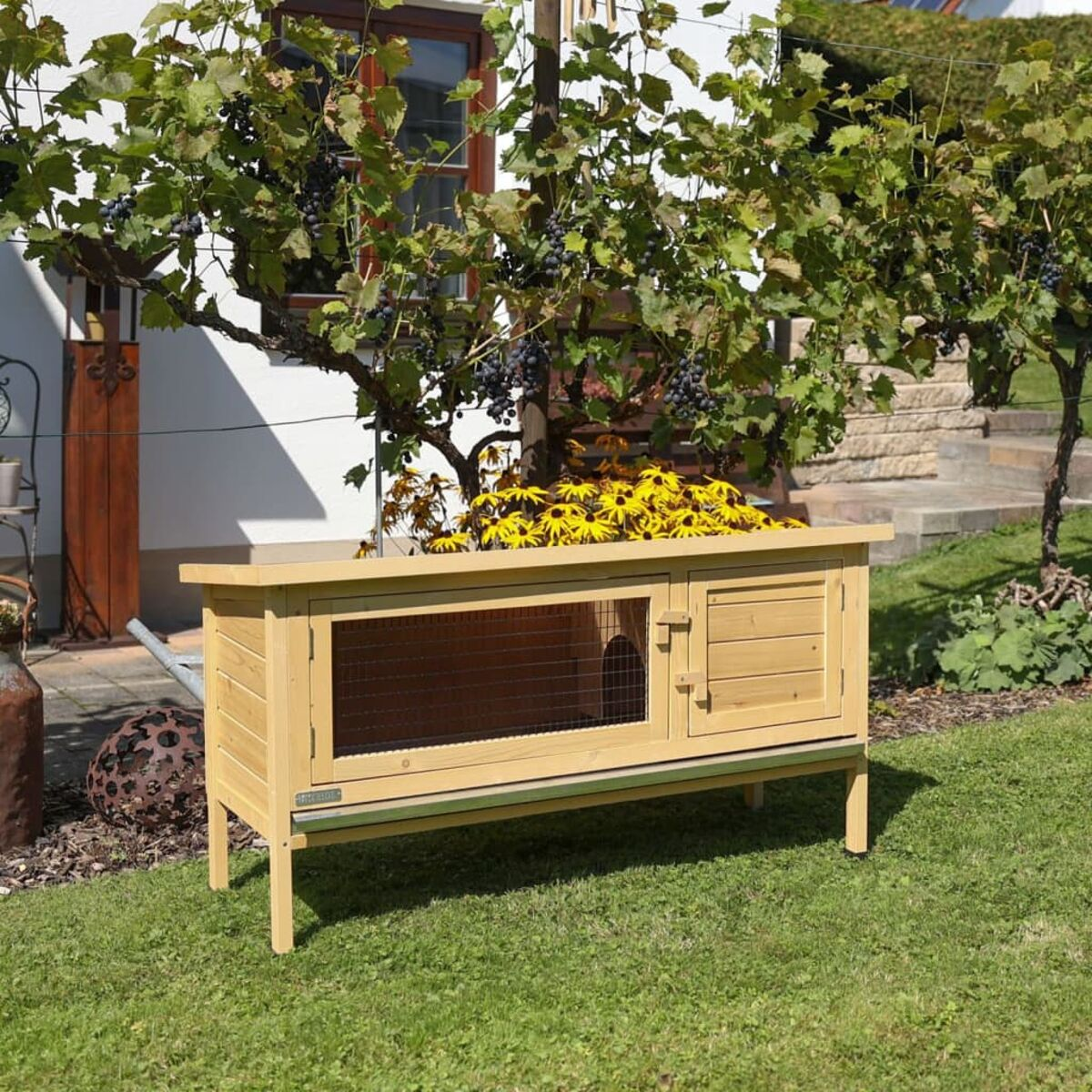 Holzkaninchenstall mit Blumen oben, in einem grasbewachsenen Hof, mit einem weißen Haus im Hintergrund.