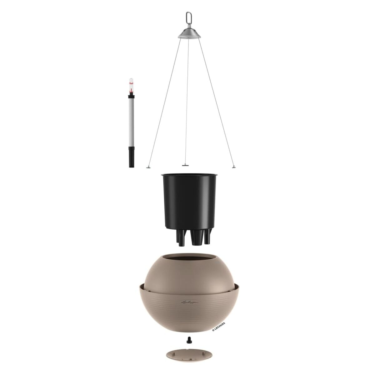 Une jardinière suspendue démontée, avec une base sphérique beige, un pot intérieur noir et un accessoire de suspension.