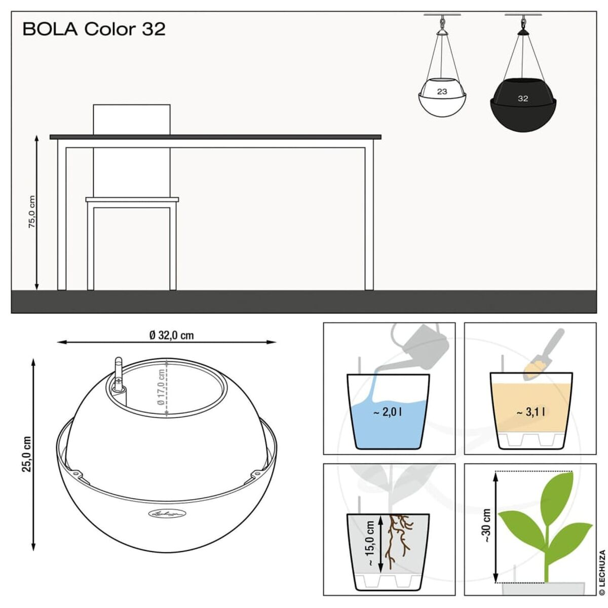 Diagramme d'une table, d'une chaise et de deux jardinières suspendues. L'image montre les dimensions.