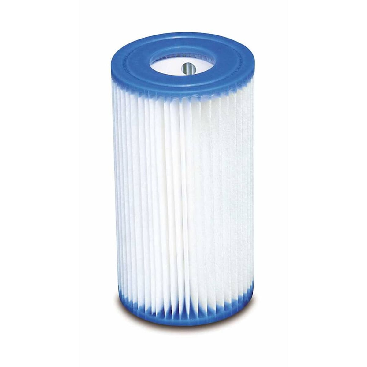 Zylindrische weiße und blaue Poolfilterpatrone mit vertikalem Faltdesign.