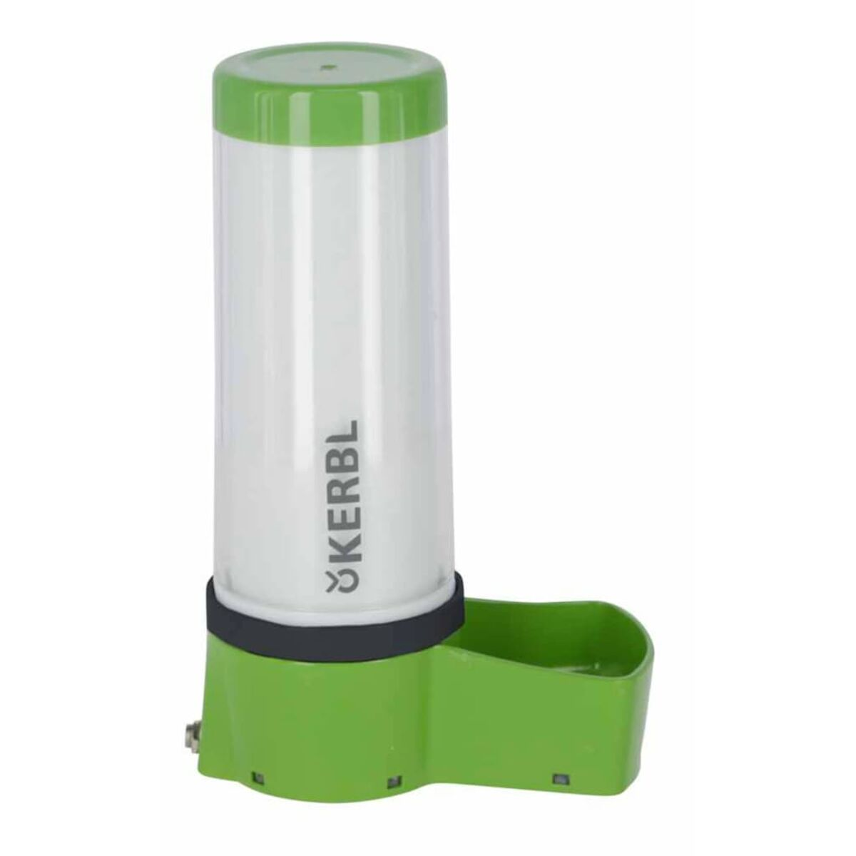 Grüner und weißer Vogelwasserspender. Der Spender hat einen weißen Körper und einen grünen Fuß.