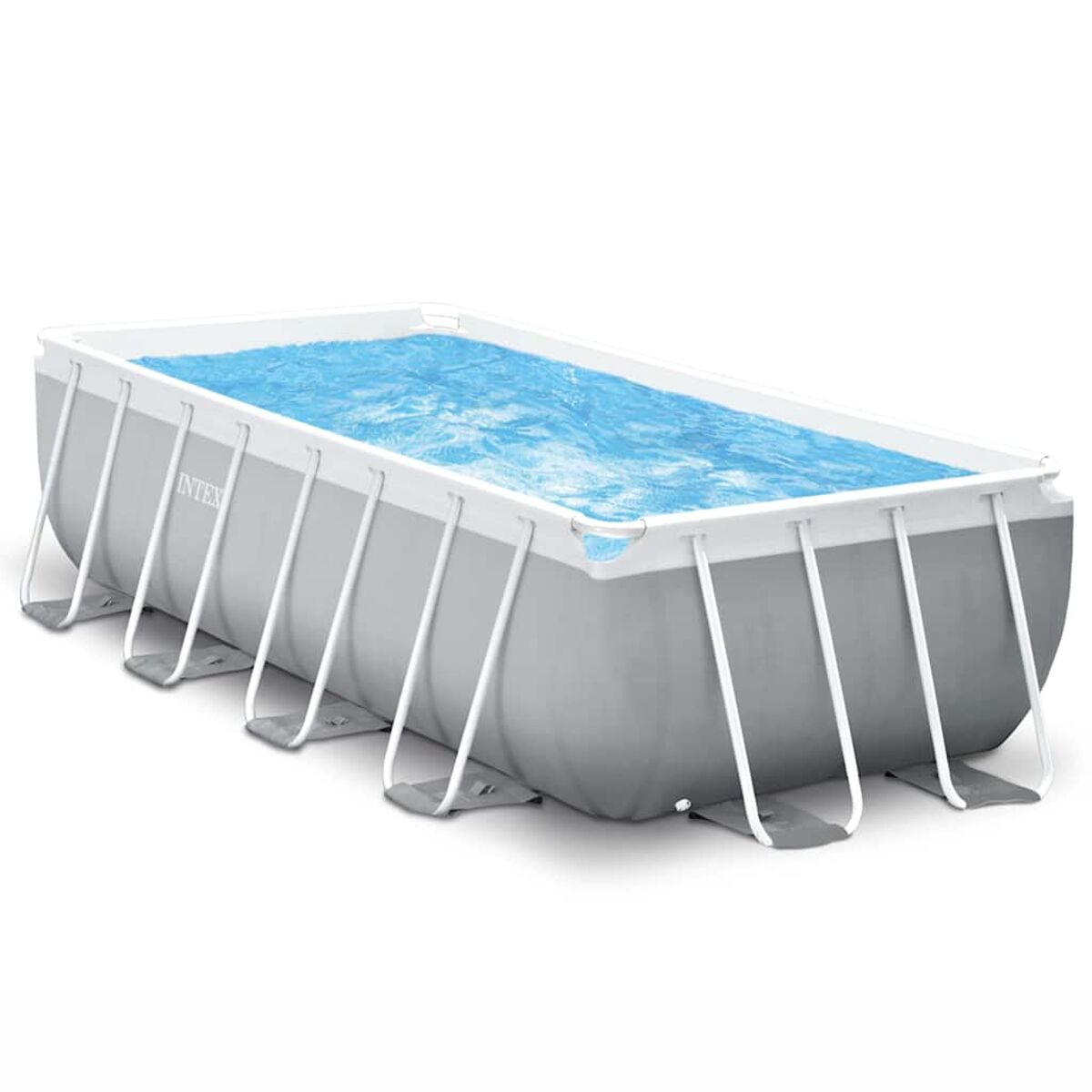 Ein rechteckiger oberirdischer Swimmingpool mit blauem Wasser, grauen Seiten und weißen Stützen.