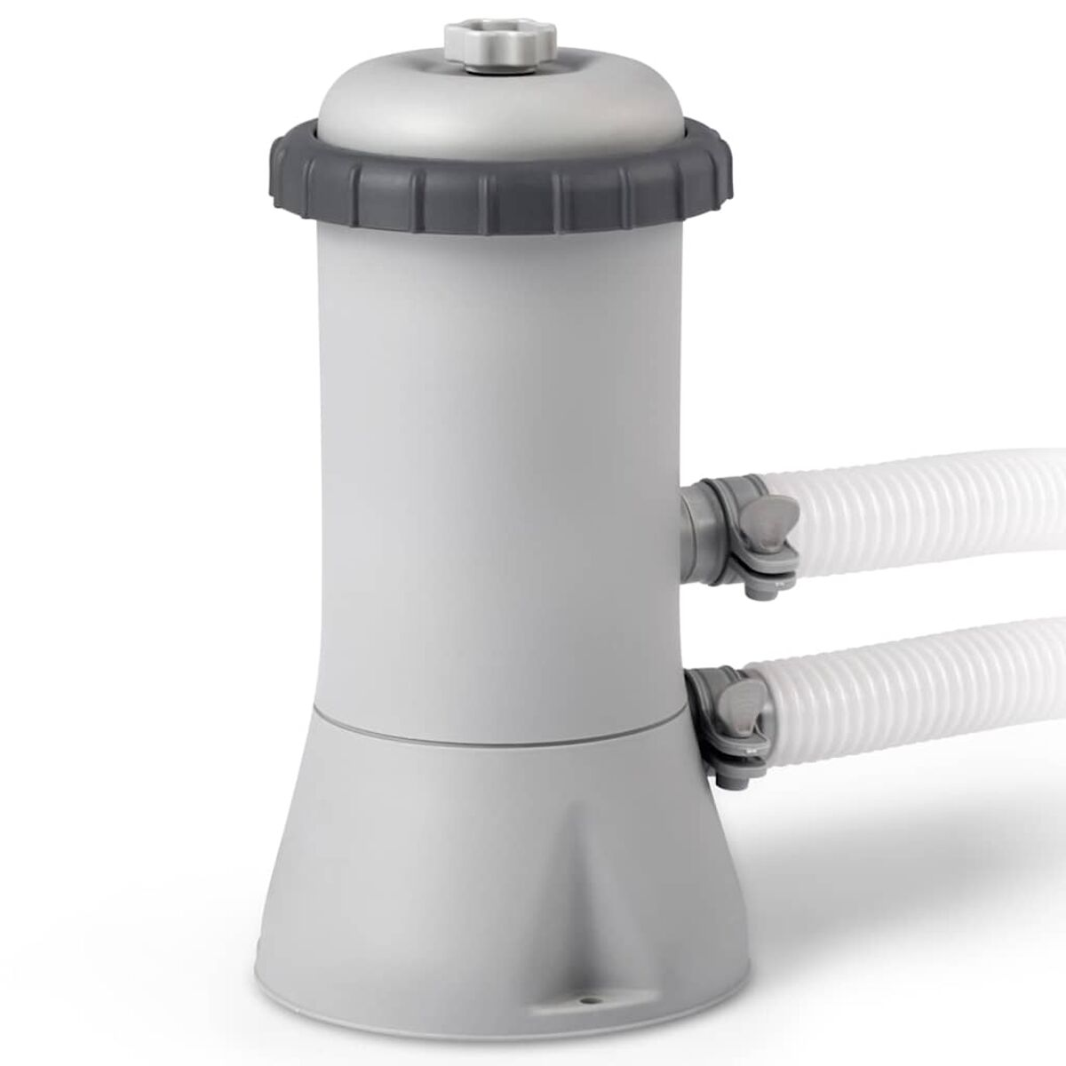 Ein weiß-grauer Poolfilter. Zwei weiße Schläuche sind angeschlossen. Der Filter hat einen grauen Deckel.