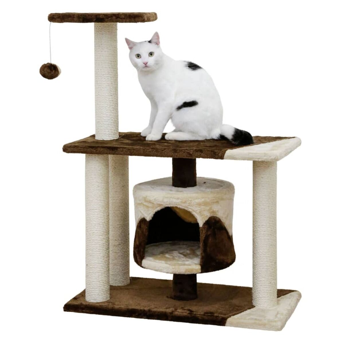Katzenbaum mit einer weißen Katze mit schwarzen Flecken. Braune und beige Farben.