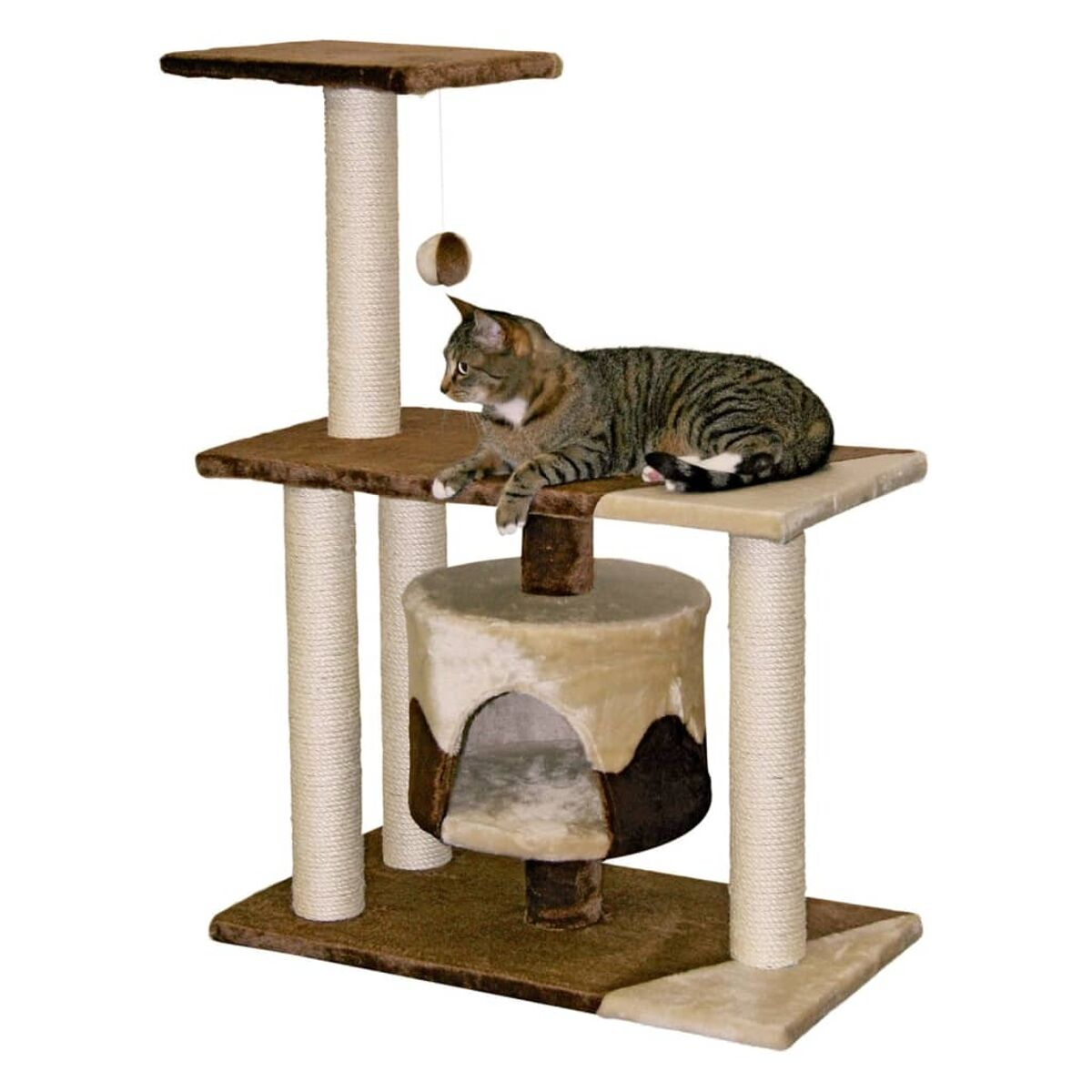 Katzenbaum mit Katze. Beige- und Brauntöne. Katze liegt.