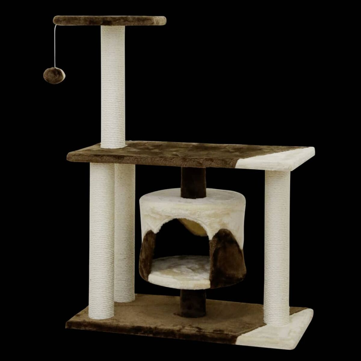 Katzenbaum mit mehreren Ebenen, Kratzbäumen und einem hängenden Spielzeug. Braun- und Cremefarben.
