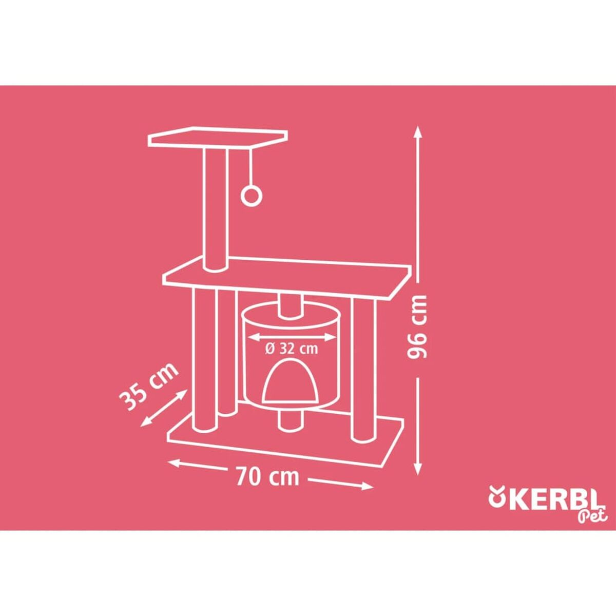Diagramm eines Katzenbaums mit Abmessungen. Rosa Hintergrund.