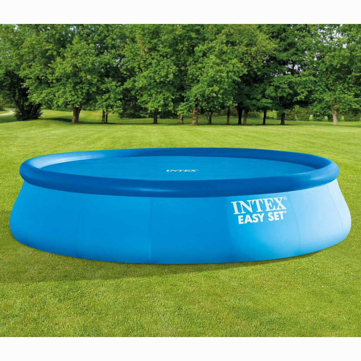 Blauer aufblasbarer Pool auf grünem Gras. Marke Intex Easy Set.