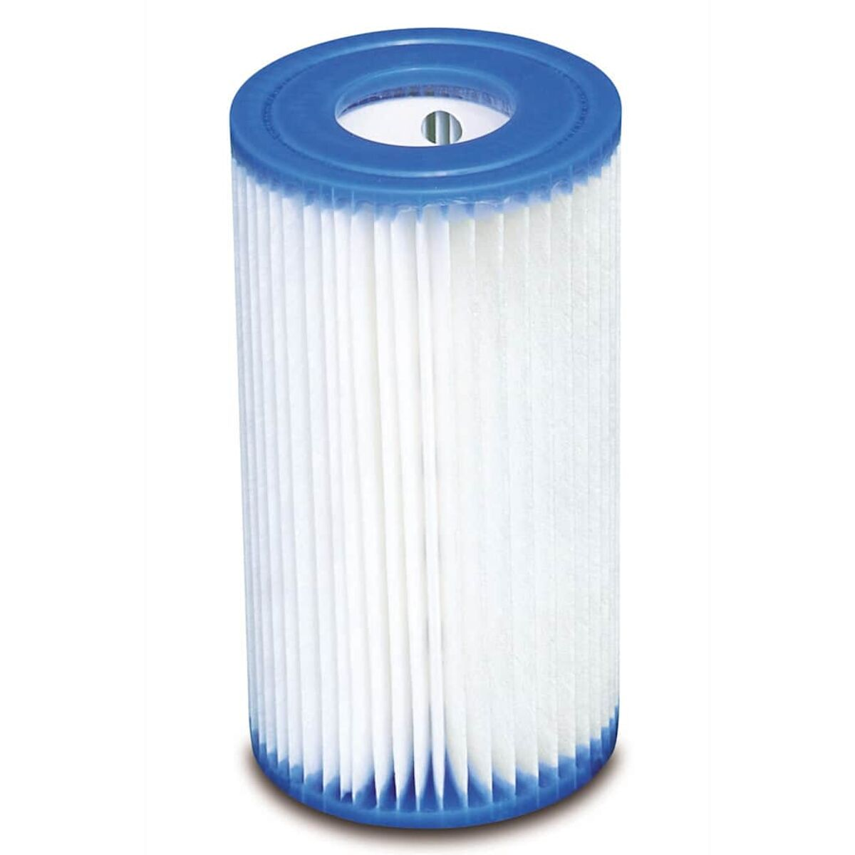 Ein zylindrischer Poolfilter mit blauen Enden und weißem, plissiertem Filtermaterial.