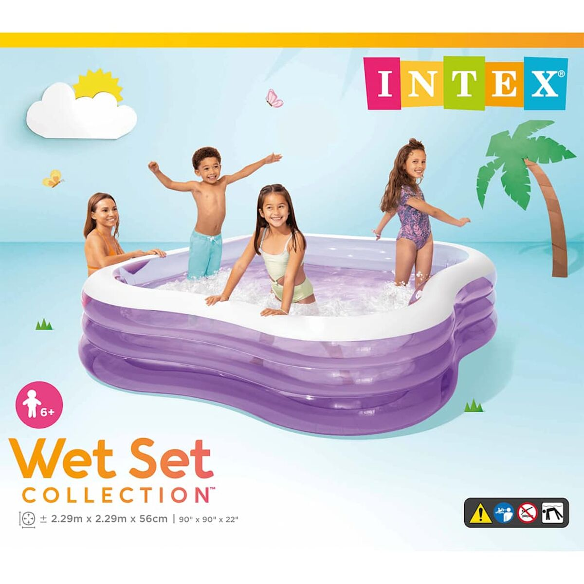 Aufblasbarer lila und weißer Pool. Kinder sind im Pool. Sonniger Himmel im Hintergrund.