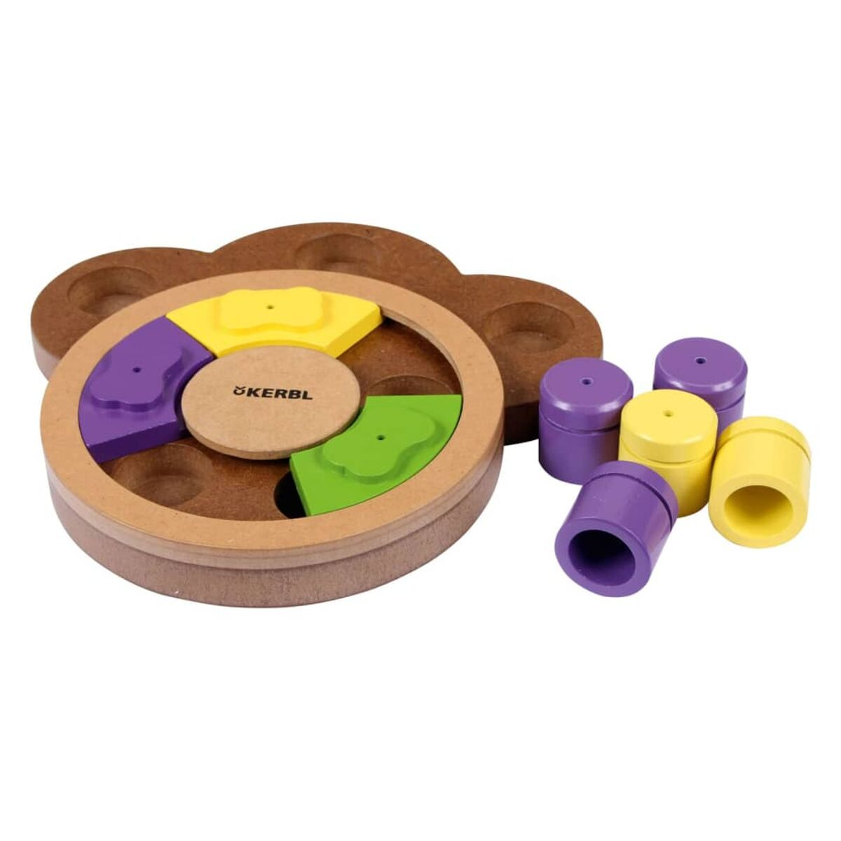 Ein Holzpuzzle mit verschiedenfarbigen Teilen. Das Puzzle befindet sich auf weißem Hintergrund.