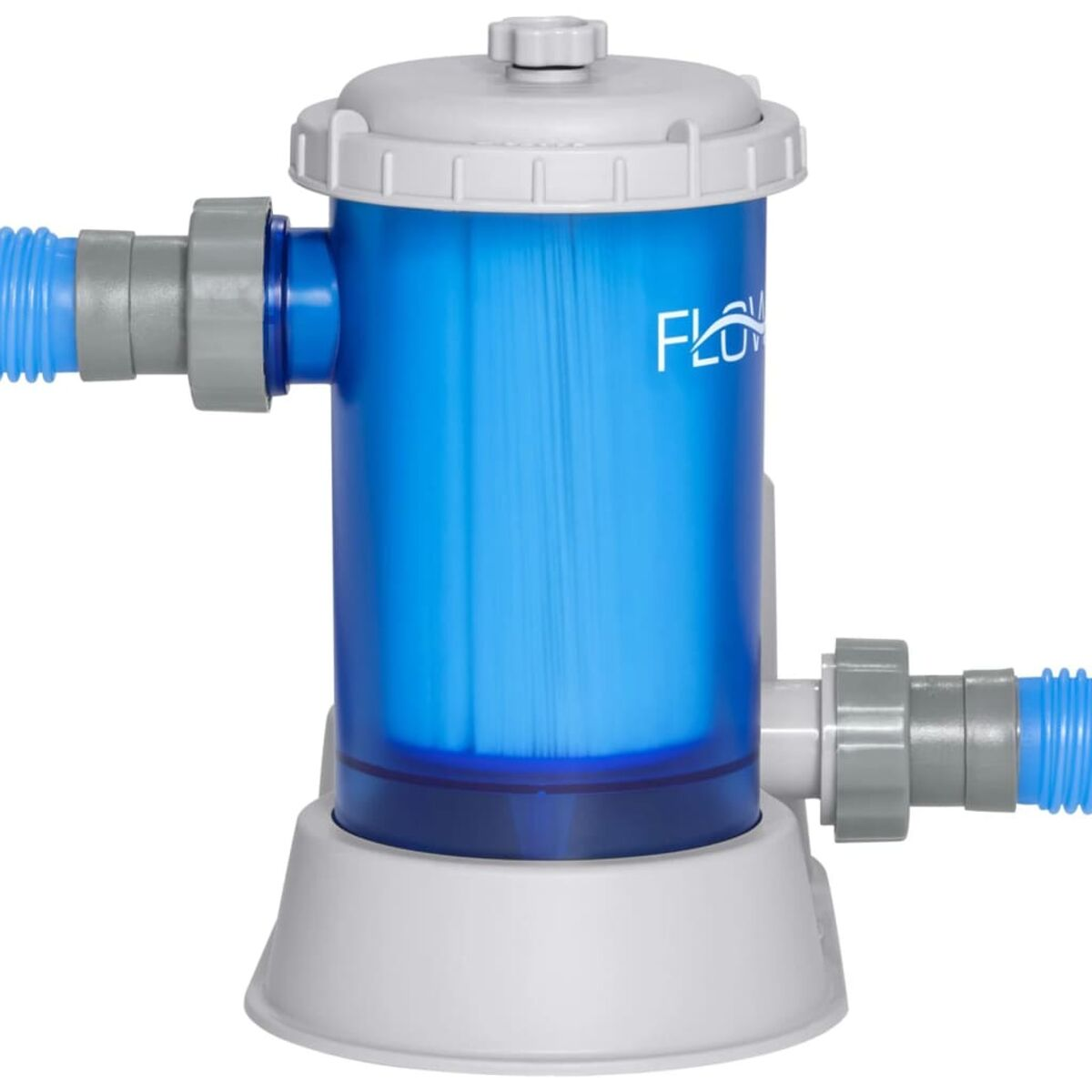 Blauer und weißer Poolfilter mit Schläuchen auf weißem Hintergrund.