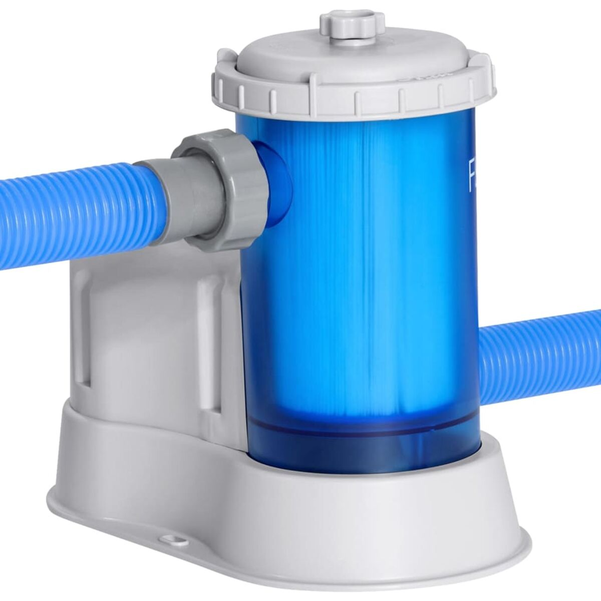 Ein weiß-blauer Poolfilter. Er hat einen blauen Zylinder und blaue Schläuche.