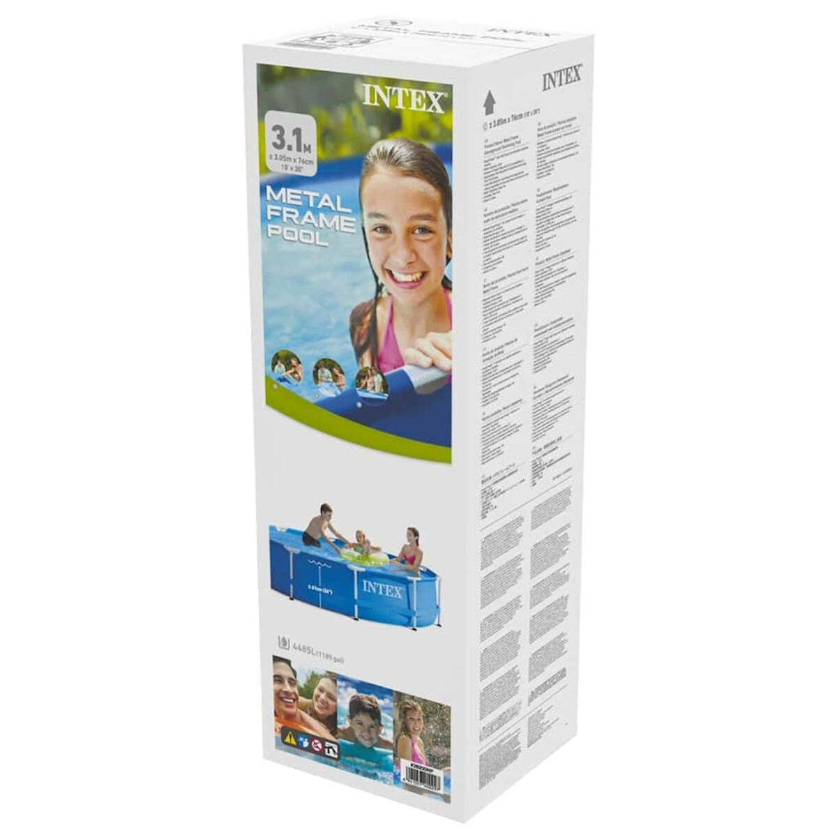 Pudełko basenu z metalową ramą Intex. Dziewczyna w różowym topie jest z przodu pudełka.