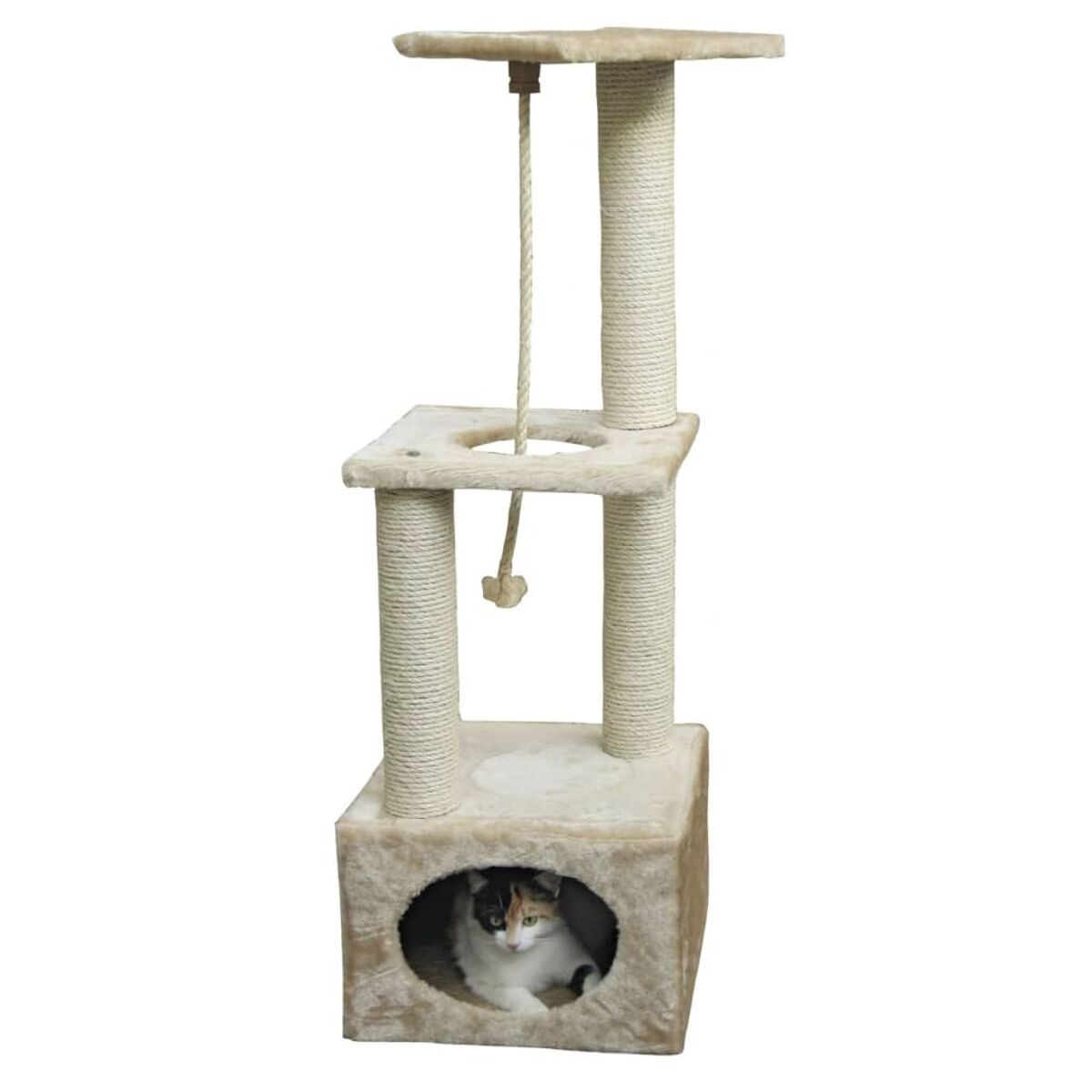 Katzenbaum mit einer Katze in einem Katzenhaus. Die Katze ist Schildpatt. Der Baum ist beige und braun.