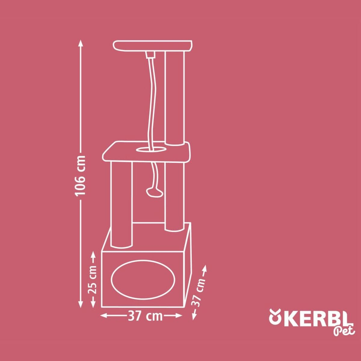 Katzenbaum-Diagramm. Rosa Hintergrund. Zeigt Abmessungen: 106 cm Höhe, 37 cm Breite und Tiefe, und 25 cm Höhe.