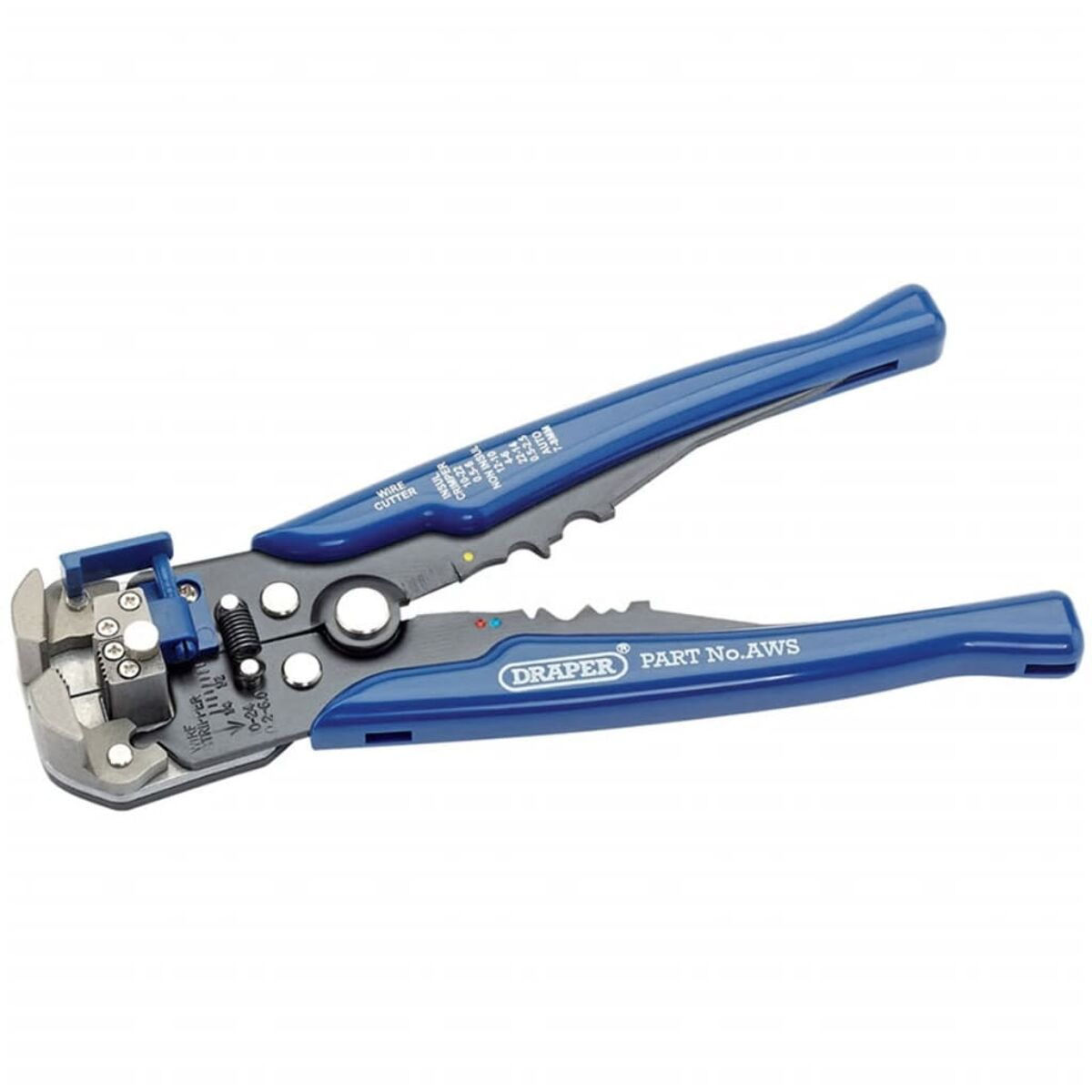 Pinza spelafili blu e argento con manici neri.