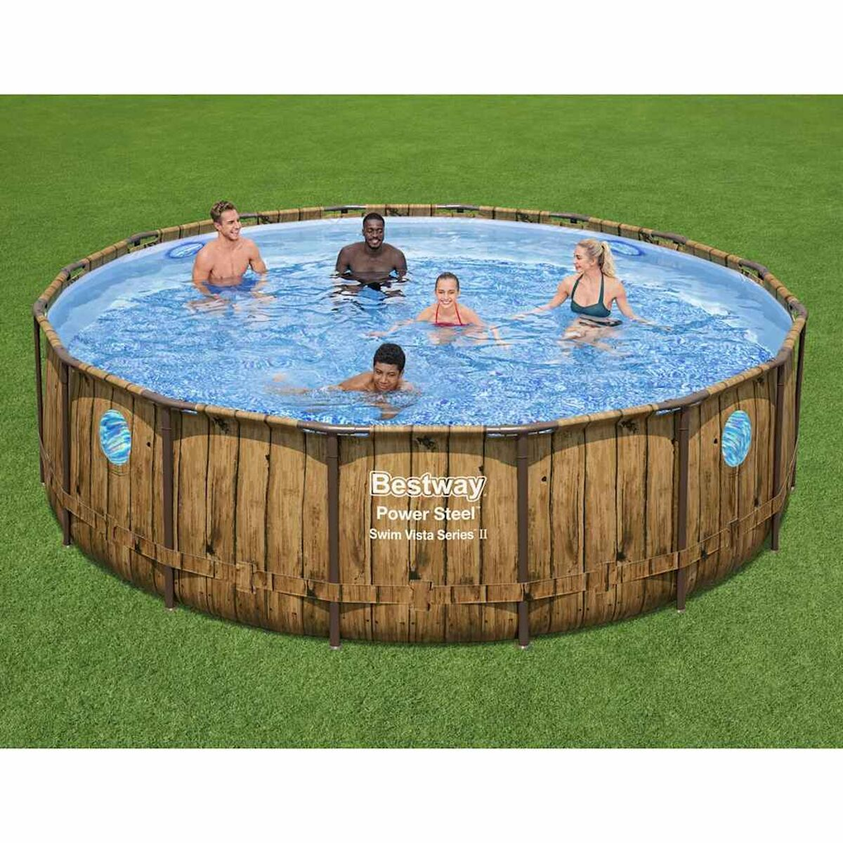 Ein runder Pool mit schwimmenden Personen. Holzoptik-Verkleidung umgibt den Pool.