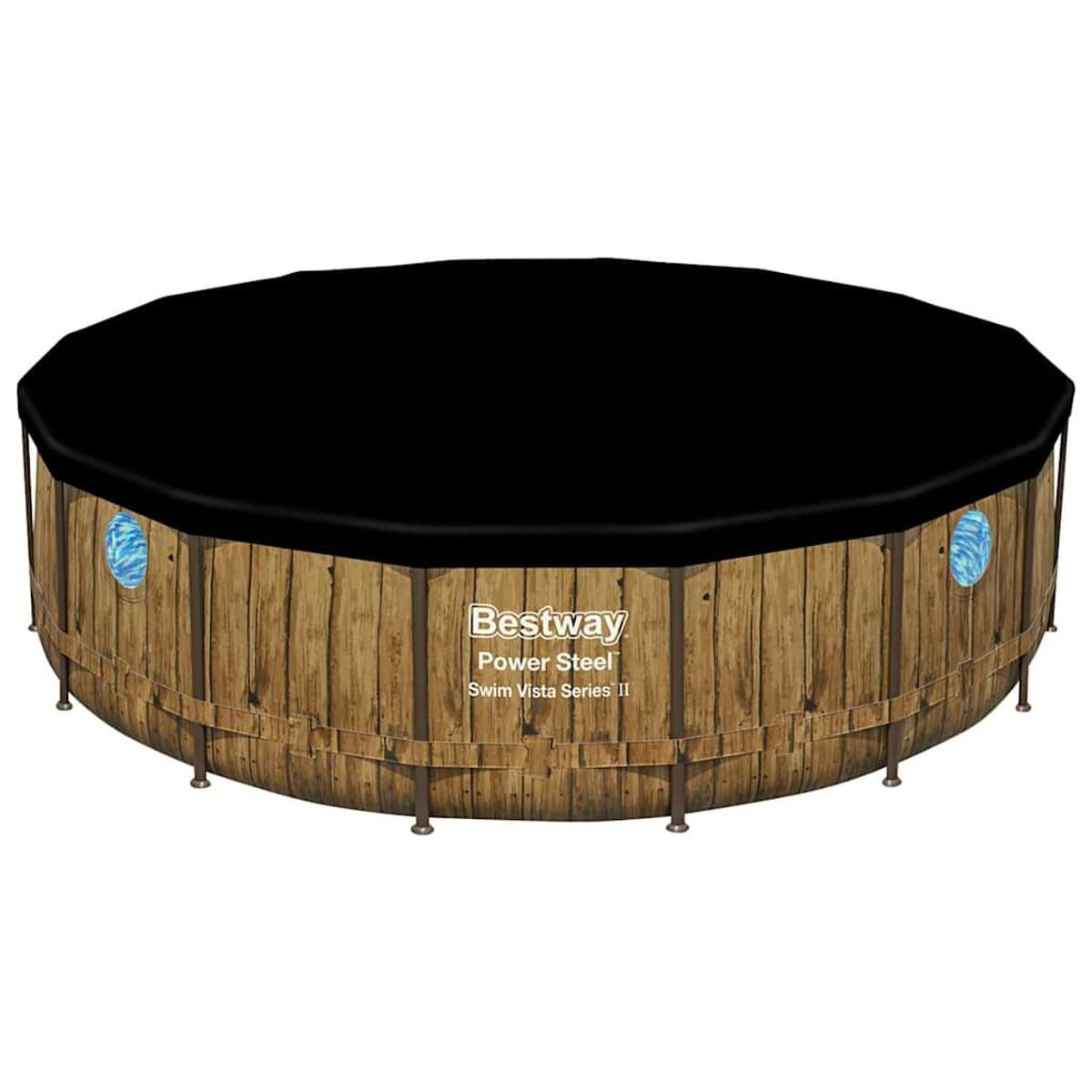 Oberirdischer Pool mit schwarzer Abdeckung. Der Pool hat ein Holzpaneeldesign und blaue Fenster.