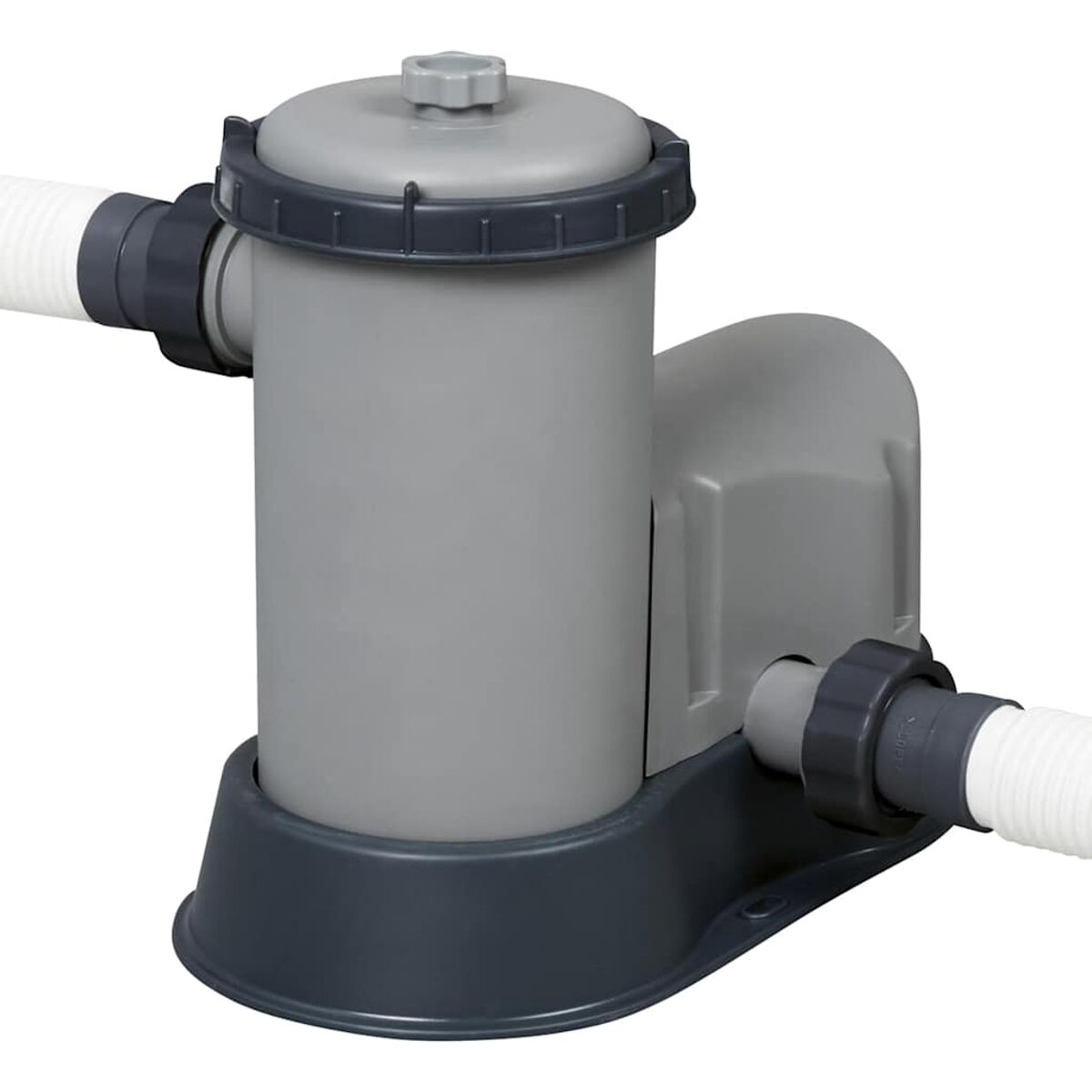 Graues und dunkelgraues Poolfiltersystem mit angeschlossenen weißen Schläuchen.