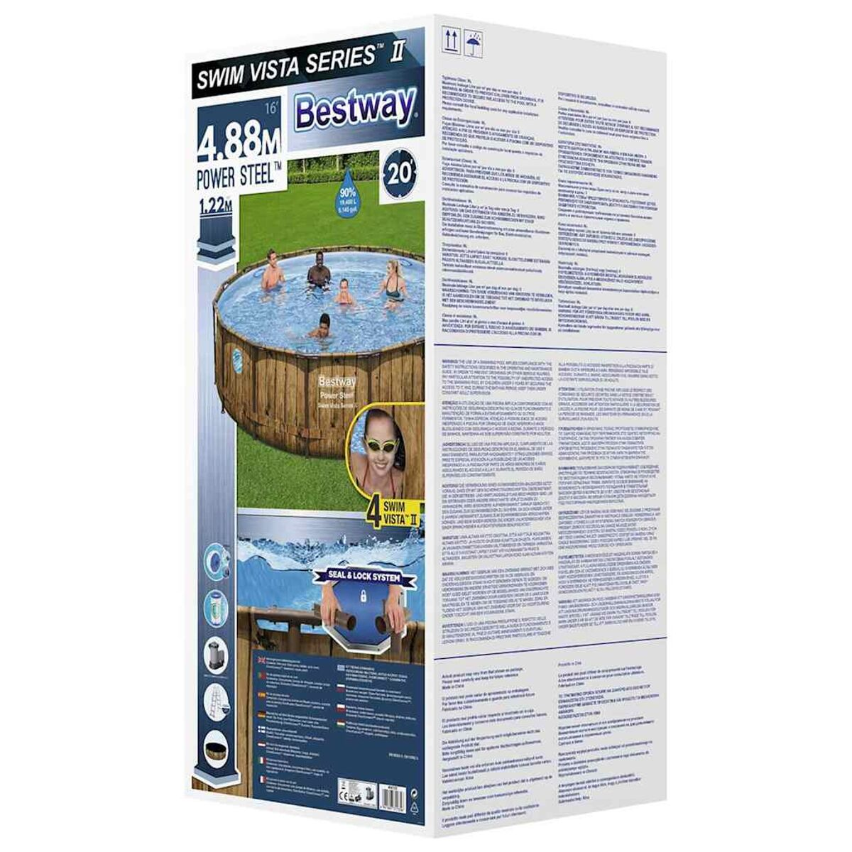 Karton mit einem Pool, Leuten im Pool und Produktdetails.