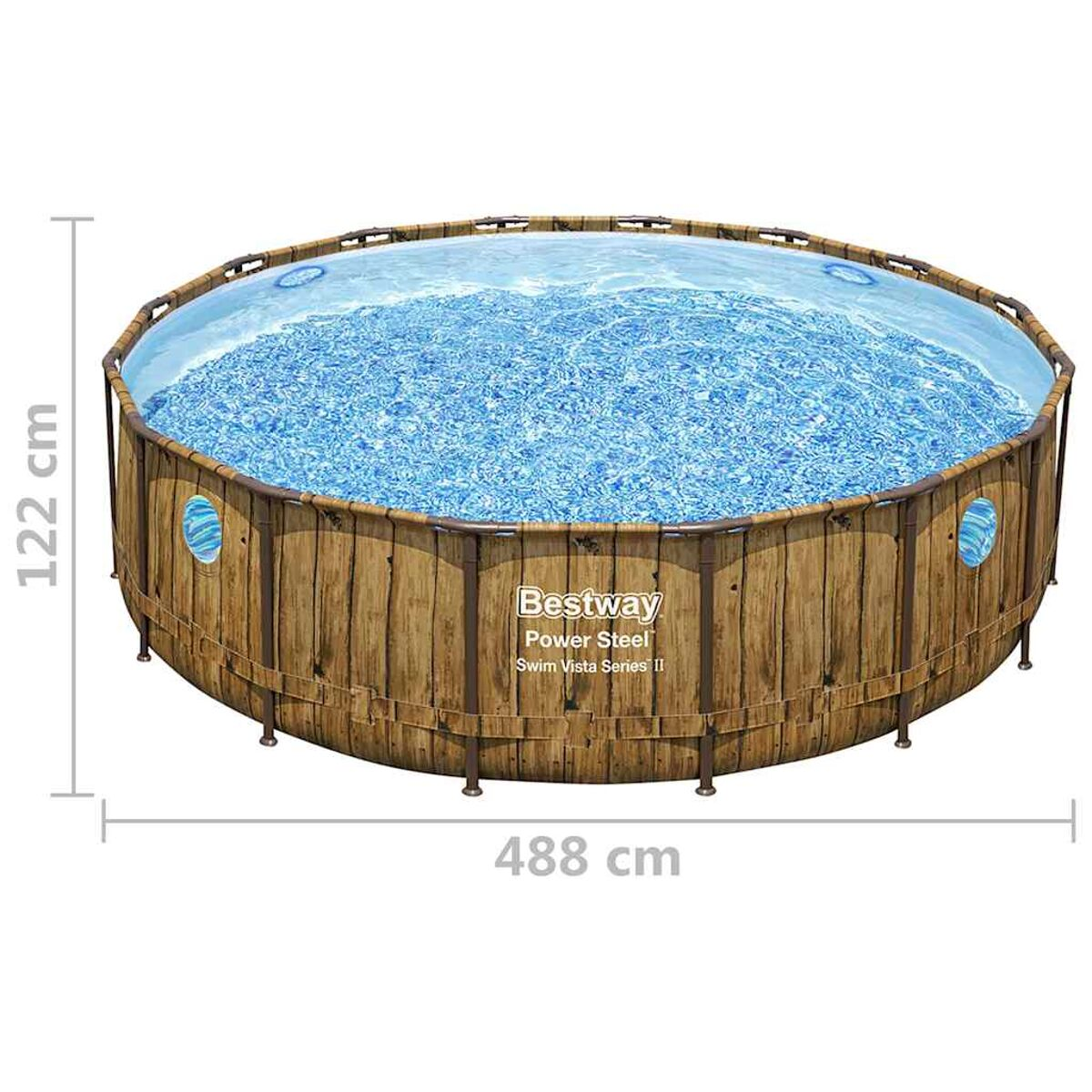 Runder oberirdischer Swimmingpool. Holzaußen. Blaues Wasser.