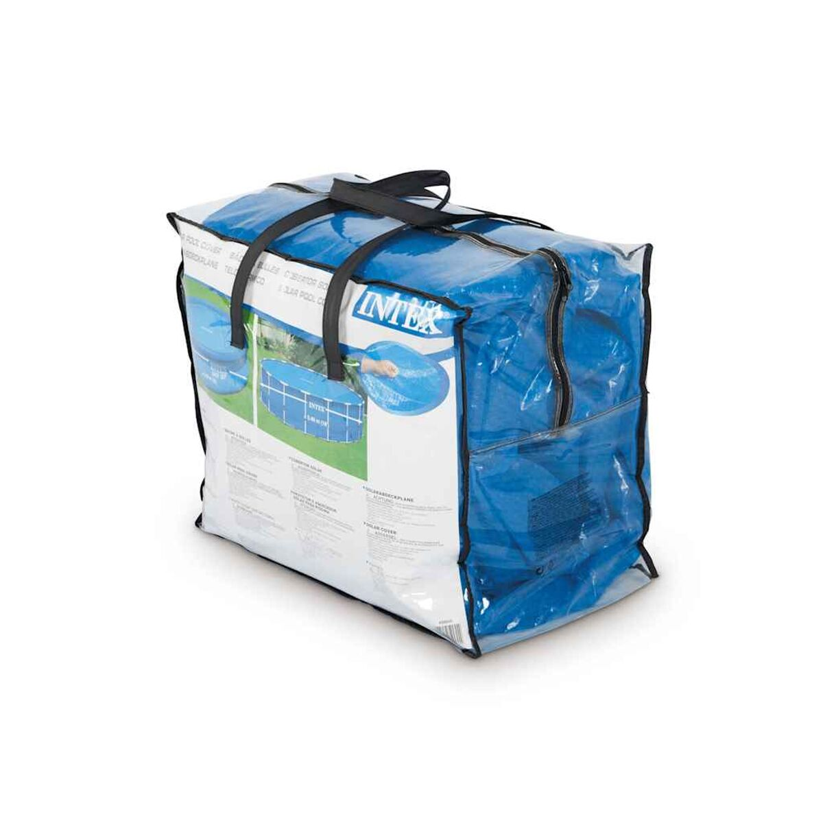 Eine Poolabdeckung in ihrer Aufbewahrungstasche. Blaue Tasche mit Poolbild und Text.