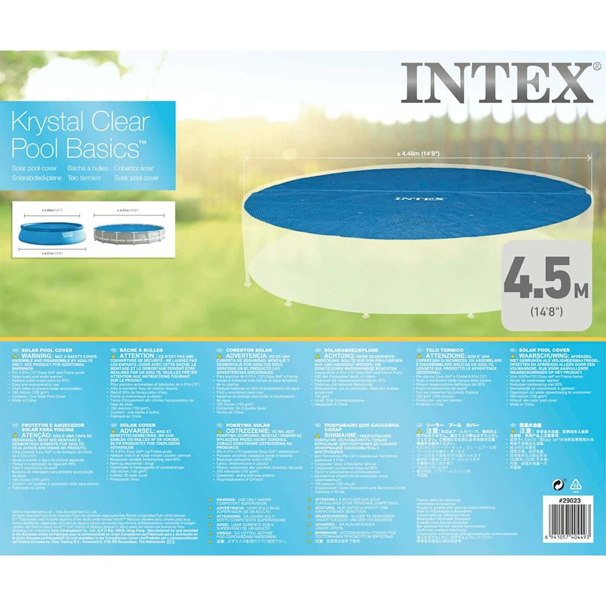 Verpackung für eine Solar-Poolabdeckung, mit Text und Bildern des Produkts, auf weißem Hintergrund.
