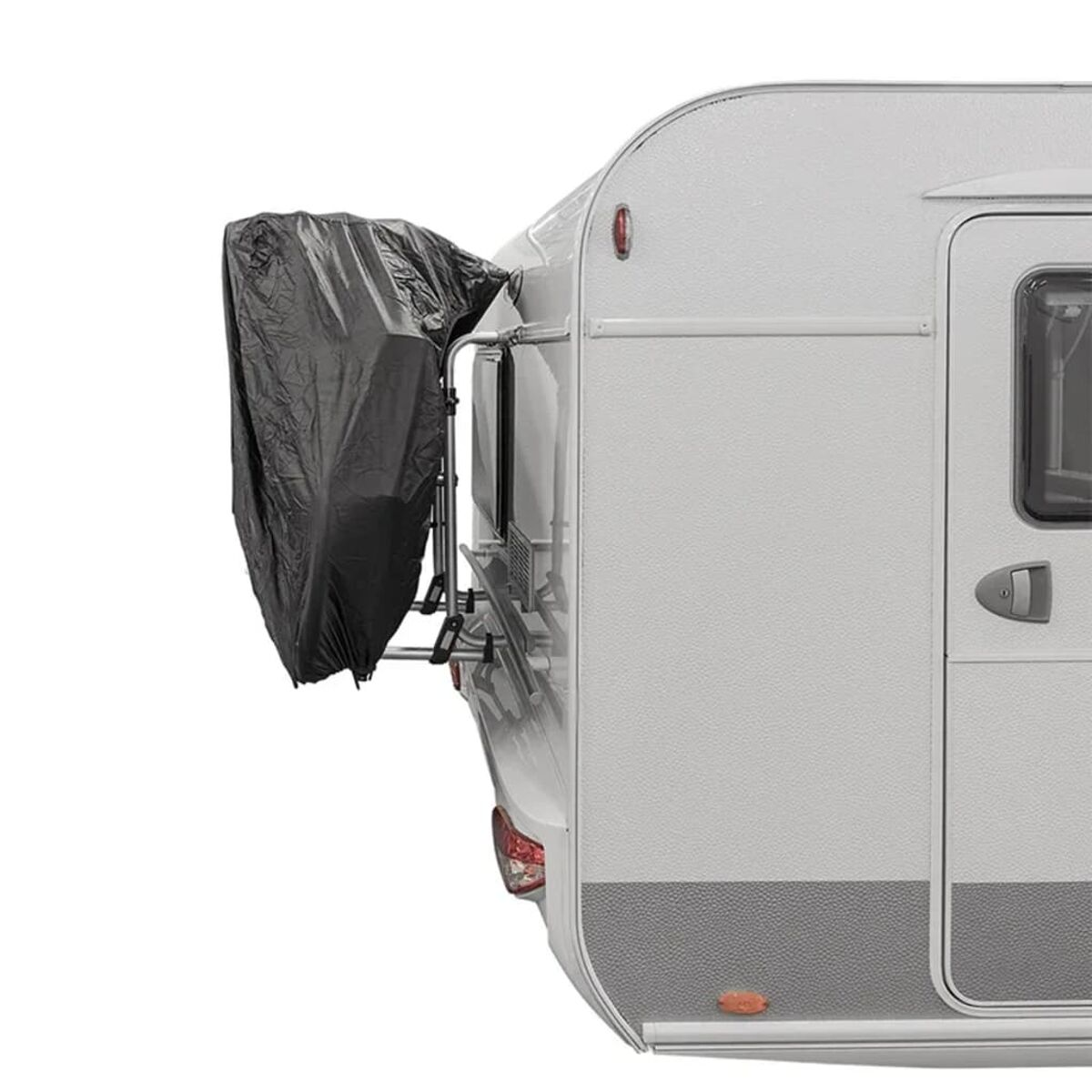 Weiß-grauer Wohnwagen mit schwarzer Abdeckung hinten.