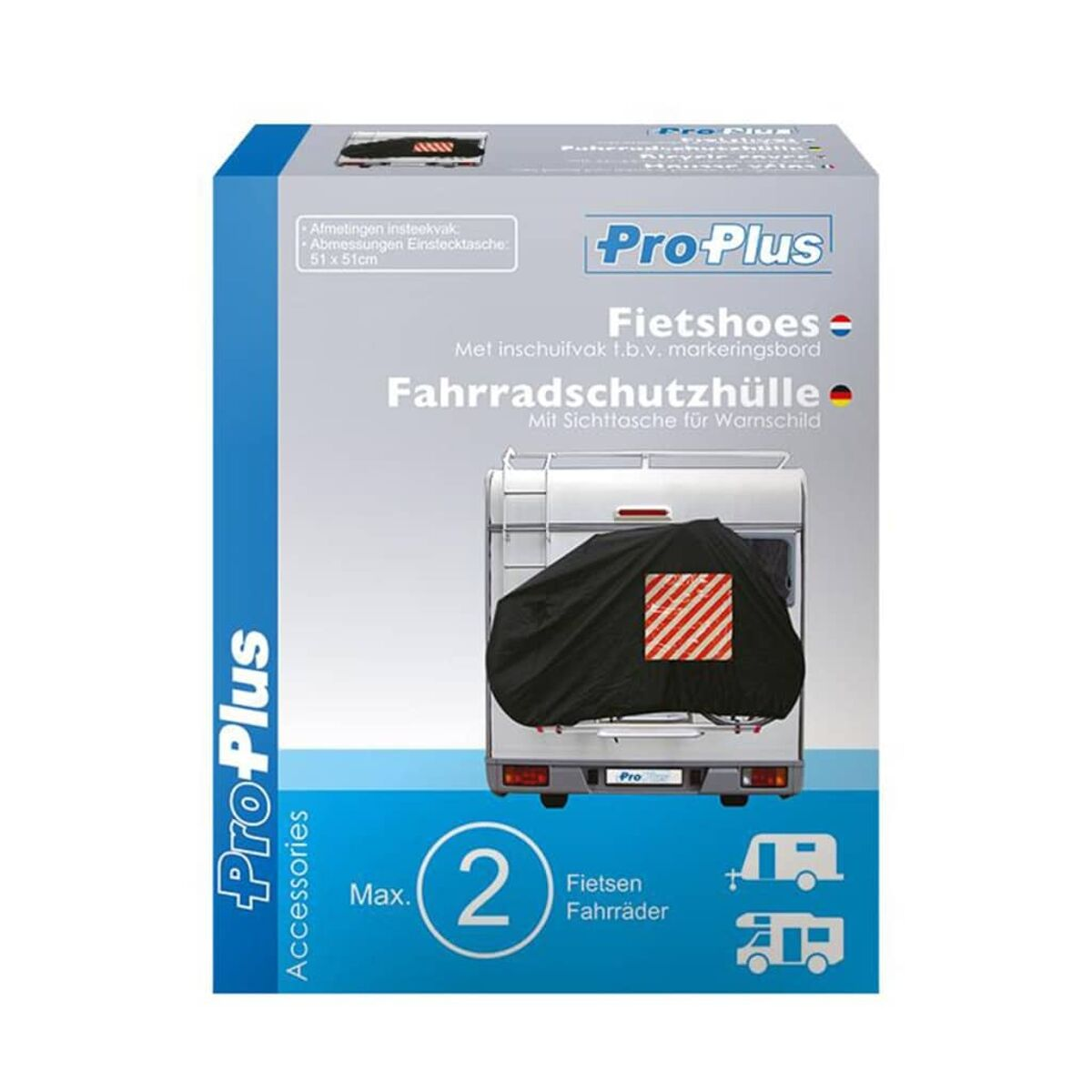 Eine Box mit einer Fahrradabdeckung für zwei Fahrräder mit deutschem Text. Die Abdeckung ist schwarz mit rotem Panel.