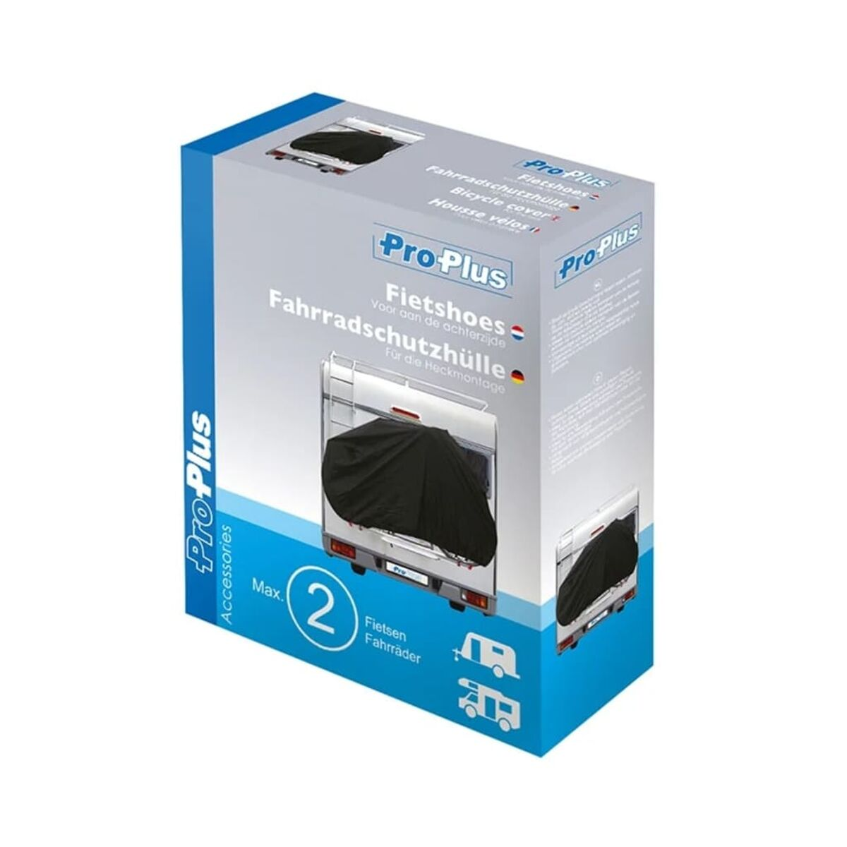 Box mit Fahrradabdeckung. Schwarze Abdeckung auf einem Fahrzeug. Text auf Deutsch. Pro-Plus Logo.