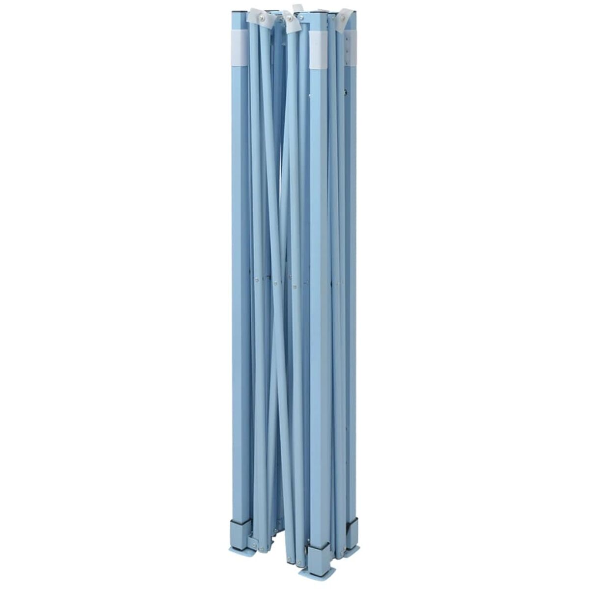 Ein zusammengefaltetes blaues Zelt oder Vordach, das die Rahmenstruktur zeigt.