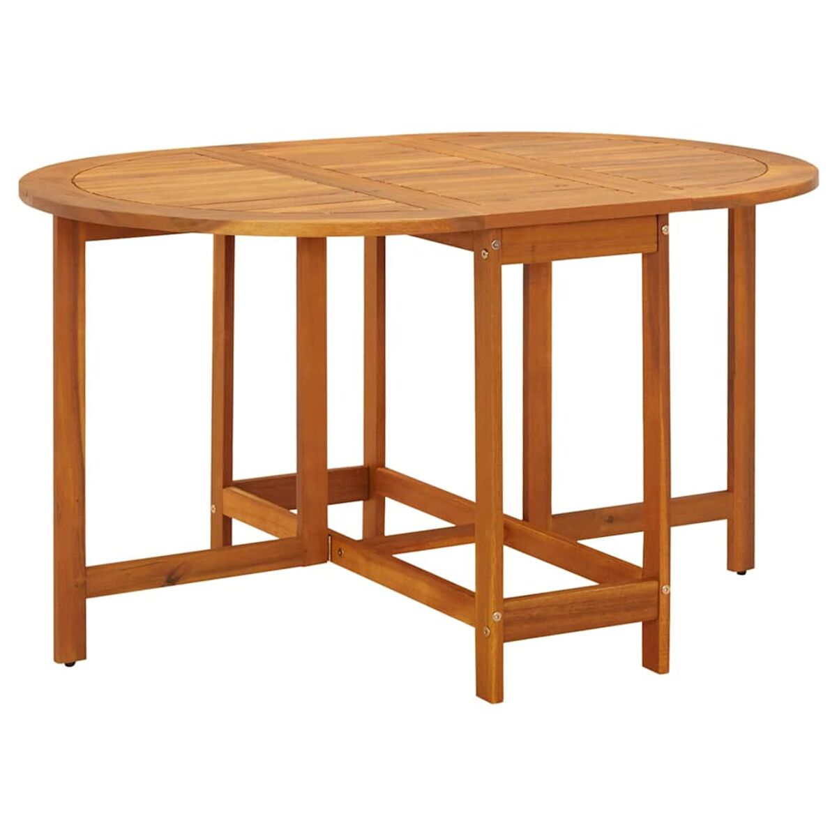 Ovaler Holztisch mit Klappdesign. Der Tisch hat eine hellbraune Farbe und Holzbeine.