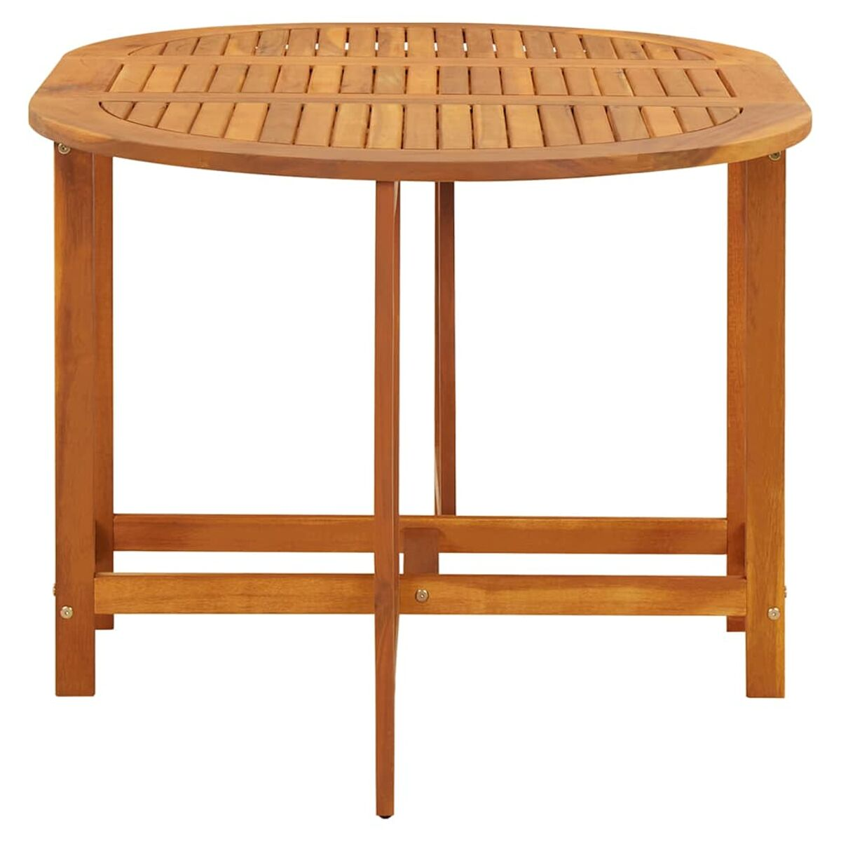Holztisch für draußen, oval, mit Lamellen, vier Beine. Braune Farbe, weißer Hintergrund.