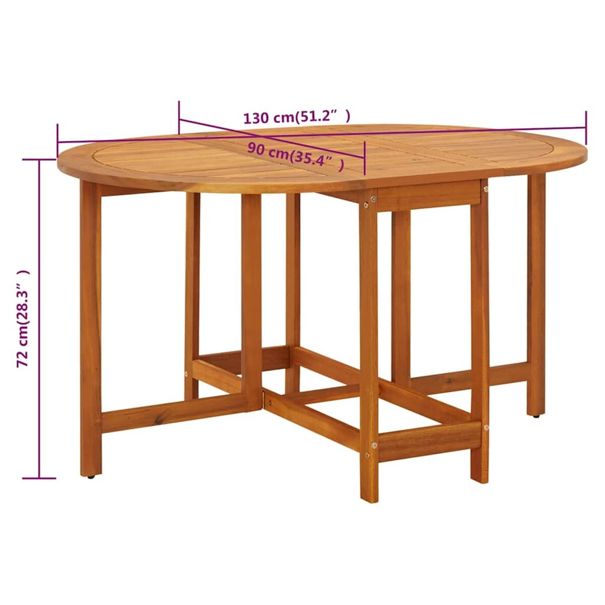 Ovaler Holztisch mit Maßangaben, klappbarem Design und Holzbeinen.