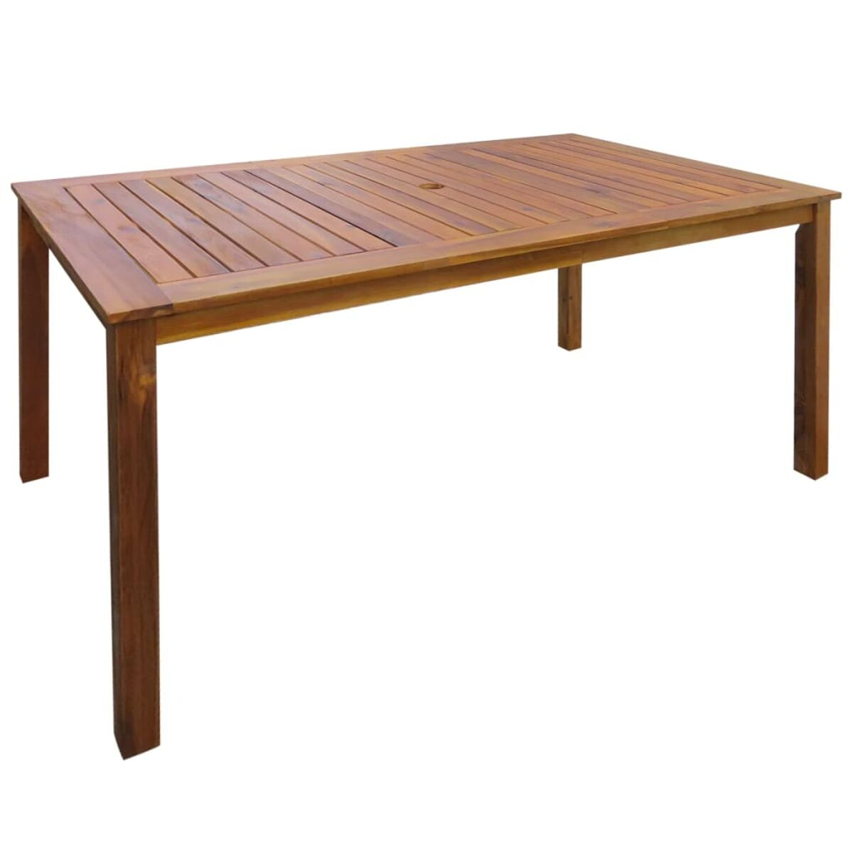 Rechteckiger Holztisch mit braunem Finish und Lattenrost, vier Beine, isoliert auf Weiß.