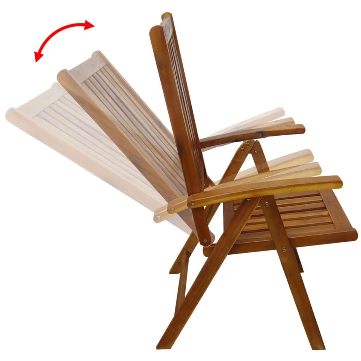 Klappstuhl aus Holz, mehrere Liegepositionen, braune Farbe. Weißer Hintergrund.
