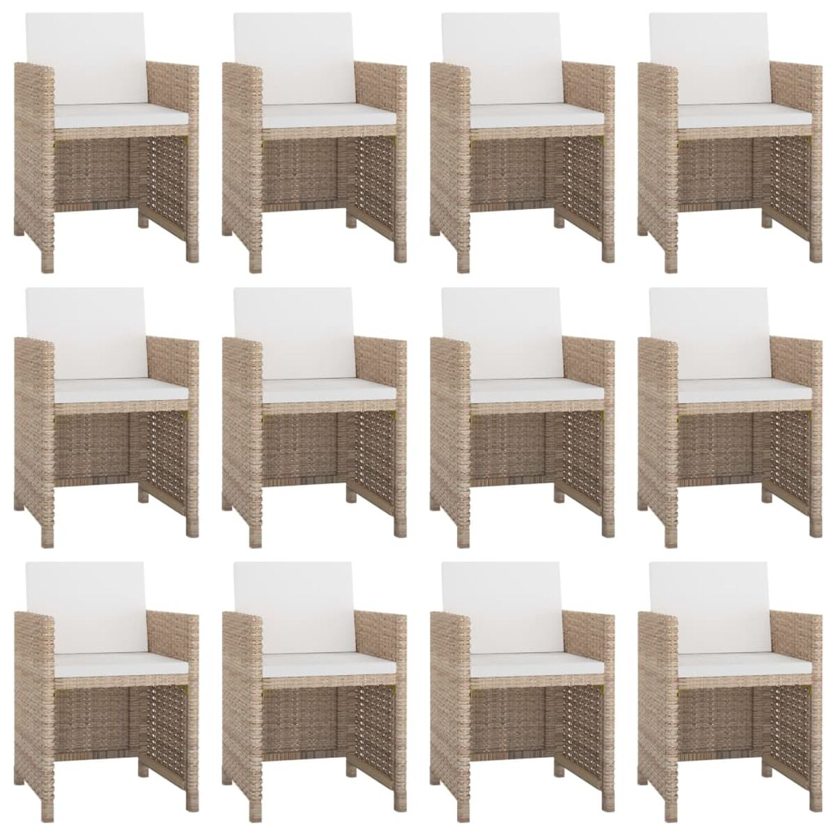 Zwölf Rattan-Stühle mit weißen Kissen, in Reihen angeordnet. Hellbraune Farbe.