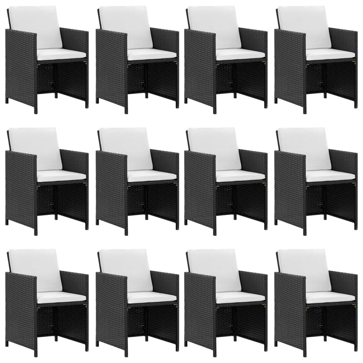 Zwölf schwarze Outdoor-Stühle mit weißen Kissen.