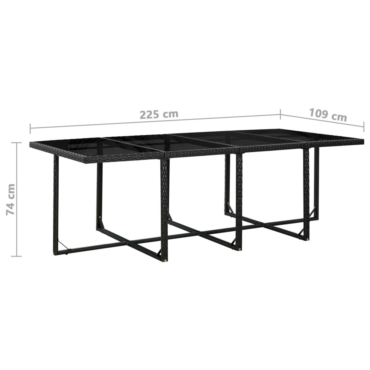 Ein schwarzer Outdoor-Tisch mit einem korbähnlichen Muster an den Seiten. Abmessungen: 225 cm lang, 109 cm breit und 74 cm hoch.