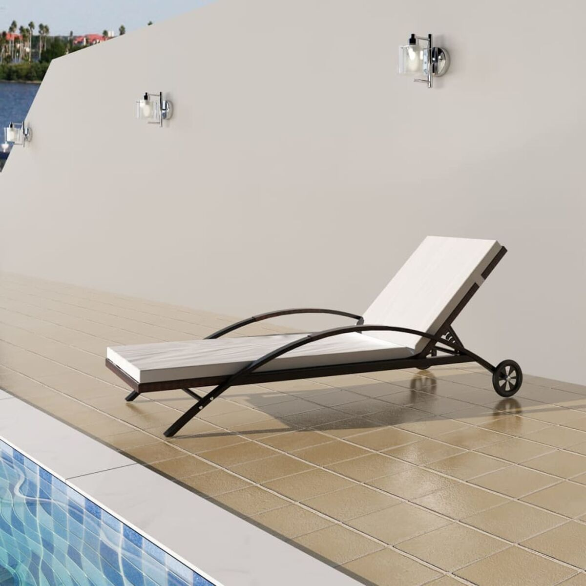 Moderne Outdoor-Sonnenliege mit schwarzem Rahmen, weißem Kissen und Poolblick.