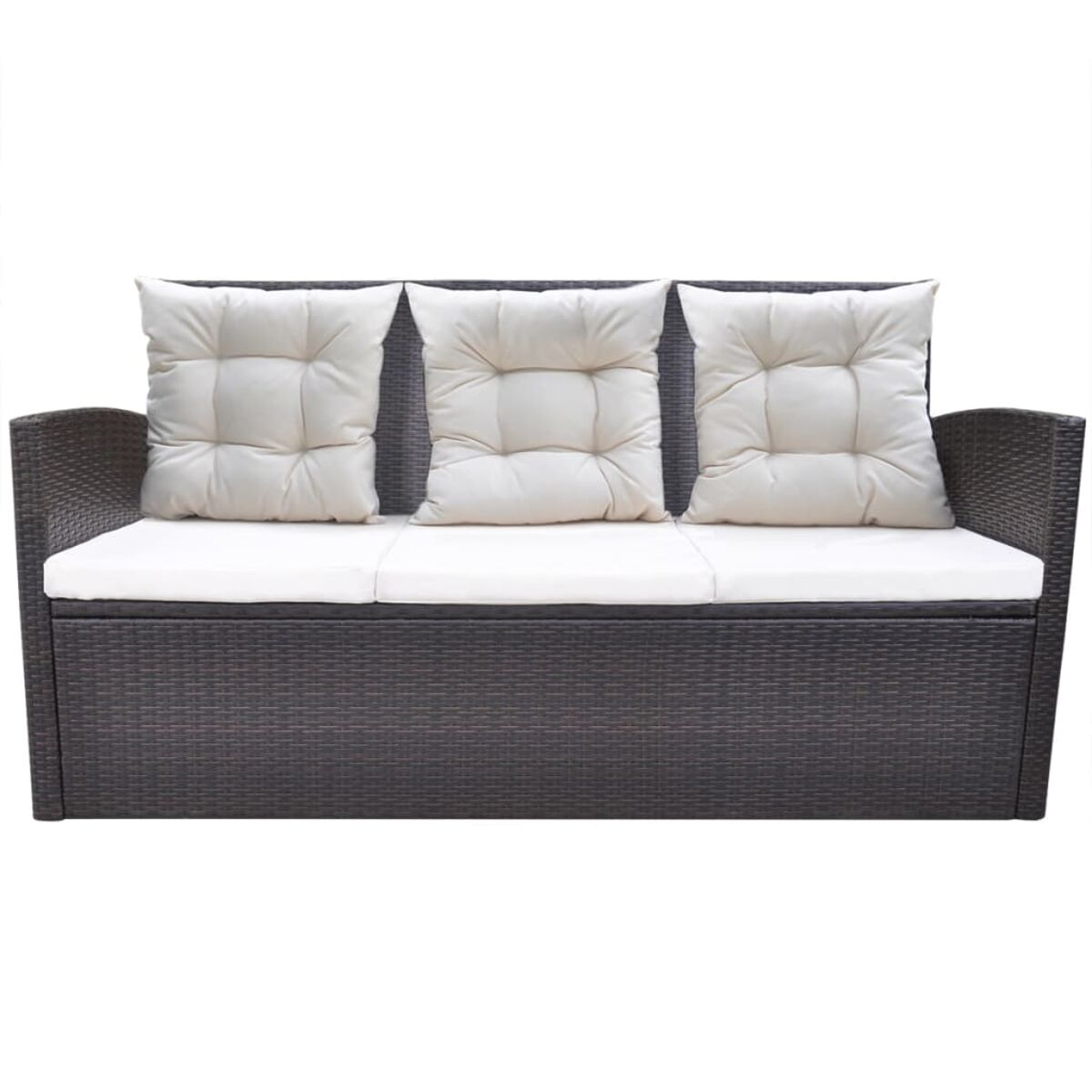 Dreisitziges Sofa für den Außenbereich mit dunkelbraunem Webmaterial und weißen Kissen.